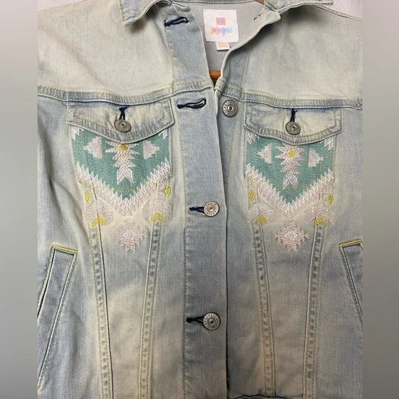 Aztec Faded Denim light blue Boho Festival Jacket with Embroidery XXS - Picture 4 of 5